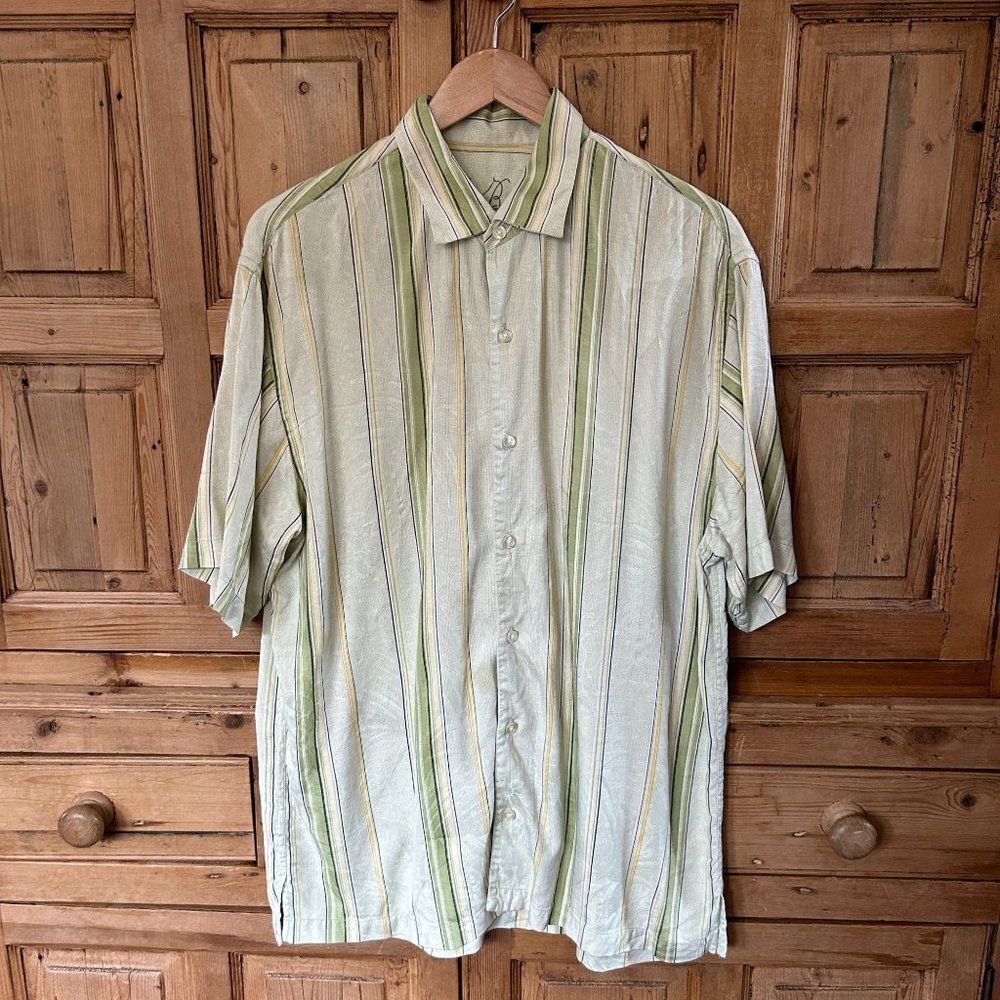 Tommy Bahama Large Silk Button Up Shirt Green Yellow Stripe Short Sleeve Collar - Picture 1 of 11